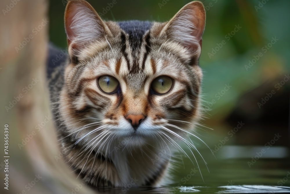 The beauty of striped cats that are not domesticated in nature stares intently, at the edge of the river and in the trees