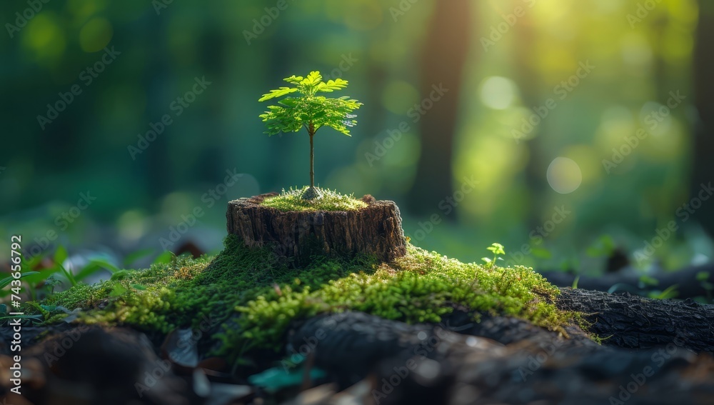 Tree growing out of tree stump concept of environment conservation and green forest  - obrazy, fototapety, plakaty 