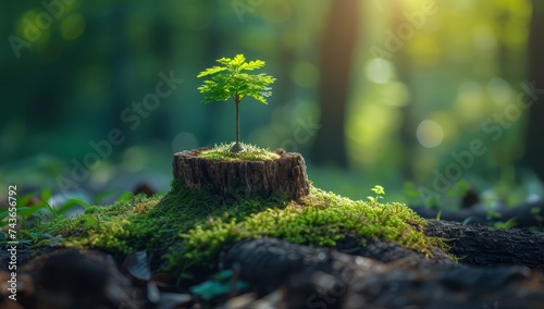 Tree growing out of tree stump concept of environment conservation and green forest  #743656792