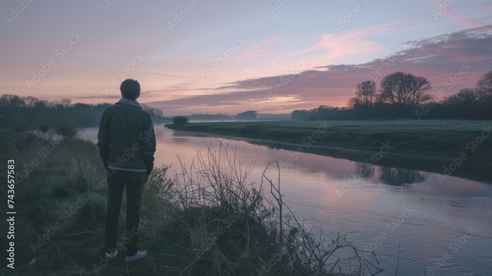 A lonely man looks into the distance. Beautiful forest landscape with lake