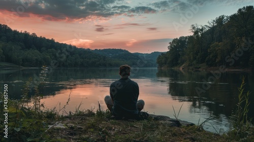 A lonely man looks into the distance. Beautiful forest landscape with lake