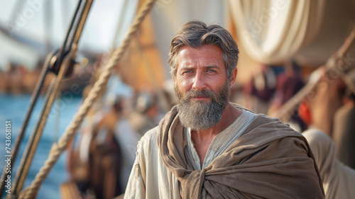 Resolute portrayal of the biblical Paul, an intellectual figure, in ancient attire on a ship. photo