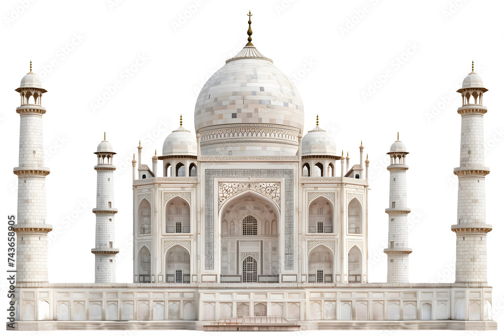 Taj Mahal Isolated on White Background, Indian Mughal Architecture
