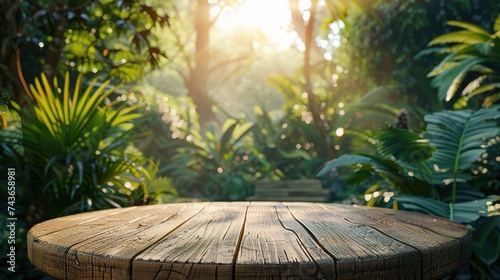 Wood tabletop podium floor in outdoors tropical garden forest blurred green leaf plant nature background photo