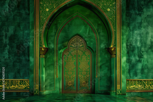 futuristic archway background, framed by green and gold wall. green and gold background with an arched door. ramadan kareem banner background. ramadan kareem holiday celebration concept