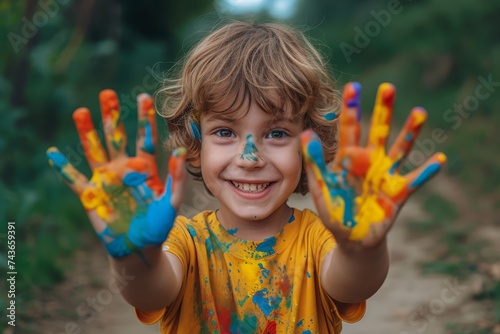 Young kid playing with a lot of colorful paint using a colorful brushing over his hands