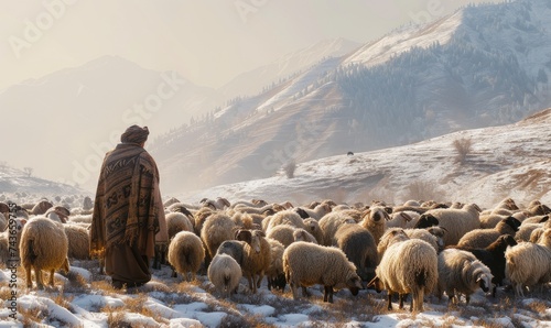 large flock of cashmere sheep in himalaya mountains © Filip