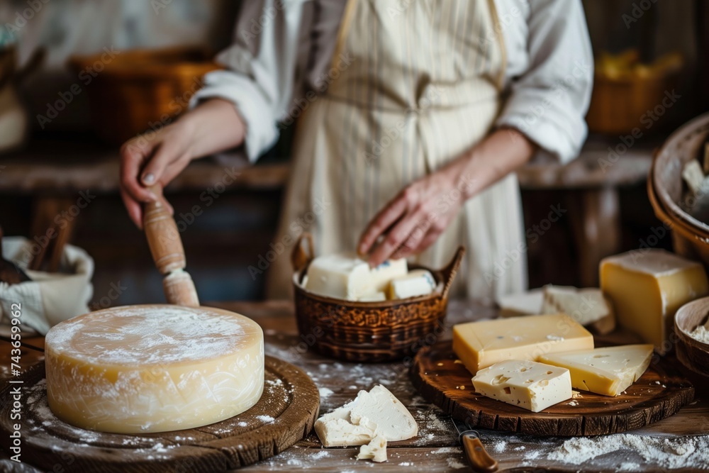 Artisan cheese maker in a rustic kitchen, carefully crafting homemade cheese with traditional tools and natural ingredients