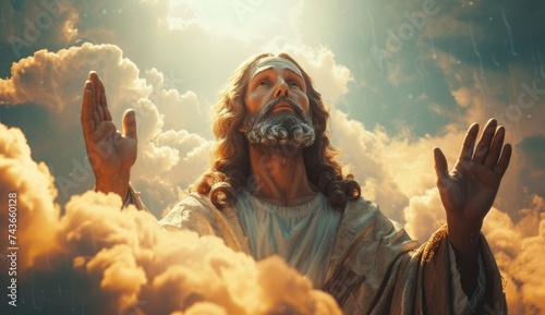 Evangelist jesus standing in the clouds with his hands up photo