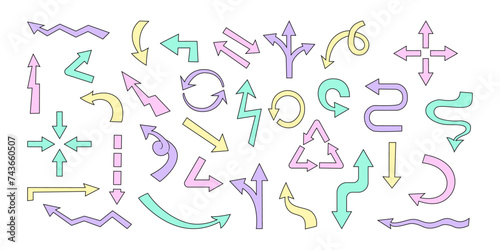 Hand drawn colored arrows. Set simple arrows isolated on white background. Arrow mark icons. 