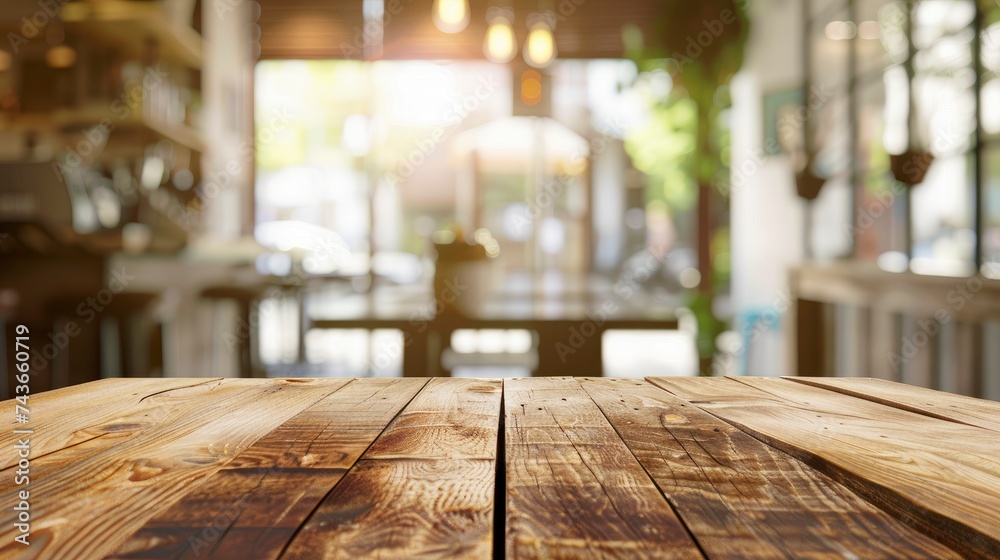 Empty beautiful wood table top counter and blur bokeh modern shop interior background in clean and bright,Banner, Ready for product montage - generative ai Empty beautiful wood table top counter and blur bokeh modern shop interior background in clean and bright,Banner, Ready for product montage - generative ai
