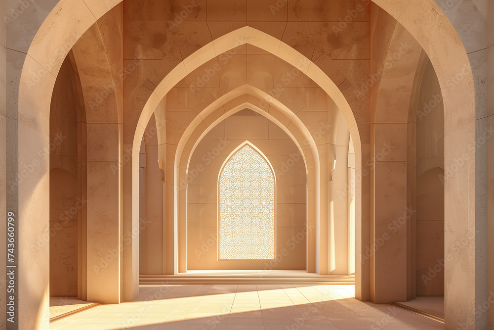 islamic arched room with sun lights. ramadan kareem banner background. ramadan kareem holiday celebration concept
