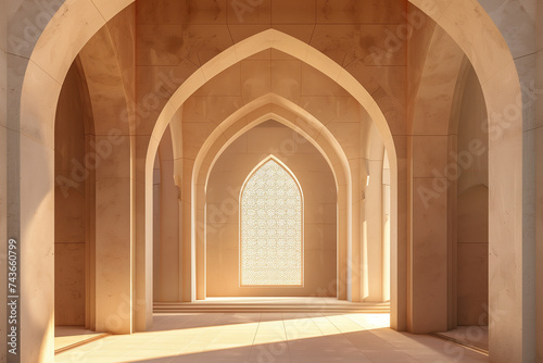 islamic arched room with sun lights. ramadan kareem banner background. ramadan kareem holiday celebration concept © Rangga Bimantara