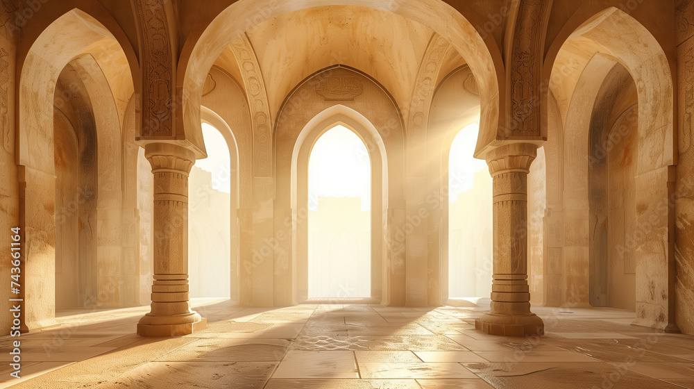 islamic arched room with sun lights. ramadan kareem banner background. ramadan kareem holiday celebration concept islamic arched room with sun lights. ramadan kareem banner background. ramadan kareem holiday celebration concept