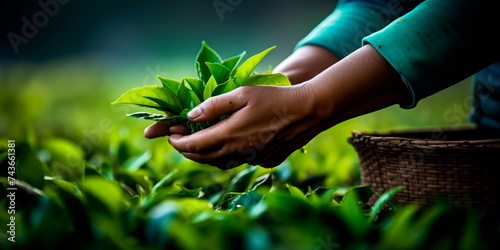 worker's hands meticulously harvesting vibrant green tea leaves in a well-tended tea plantation . Generative AI