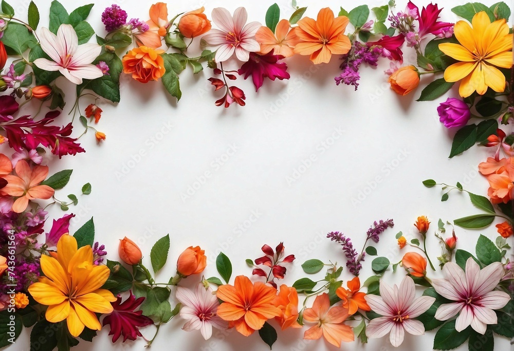 small spring vibrant flowers with leaves make the bottom framing on large copyspace white background small spring vibrant flowers with leaves make the bottom framing on large copyspace white background