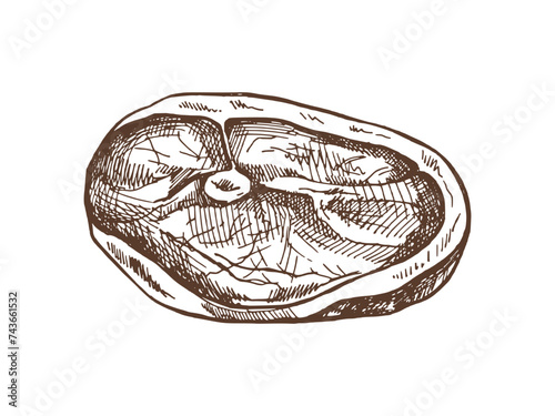 Hand-drawn sketch of meat, pork or beef steak, chop meat, a piece of meat cuts, vector illustration. Vintage illustration. Decorations for the menu of cafes. Engraved image.