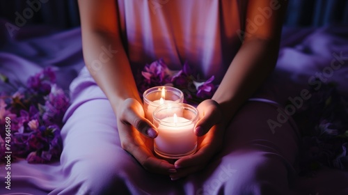 Close-up of women's hands with candles. Atmospheric image of flowers and candles. Harmony and balance. Femininity and tenderness.