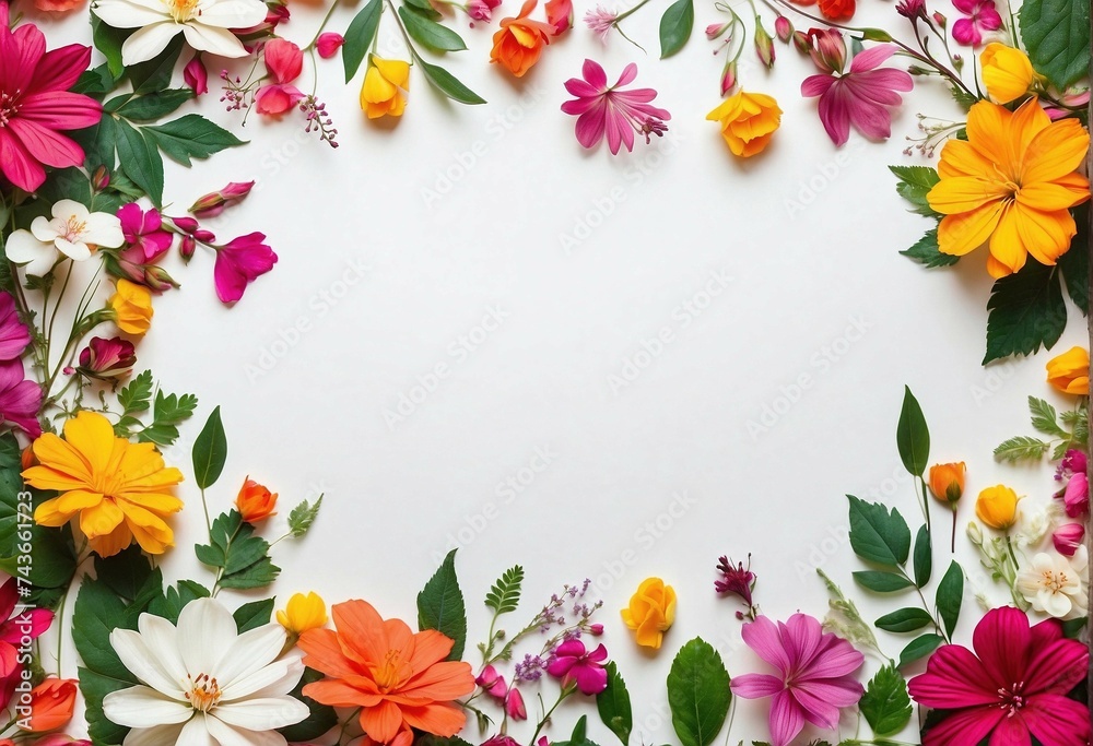 small spring vibrant flowers with leaves make the bottom framing on large copyspace white background small spring vibrant flowers with leaves make the bottom framing on large copyspace white background
