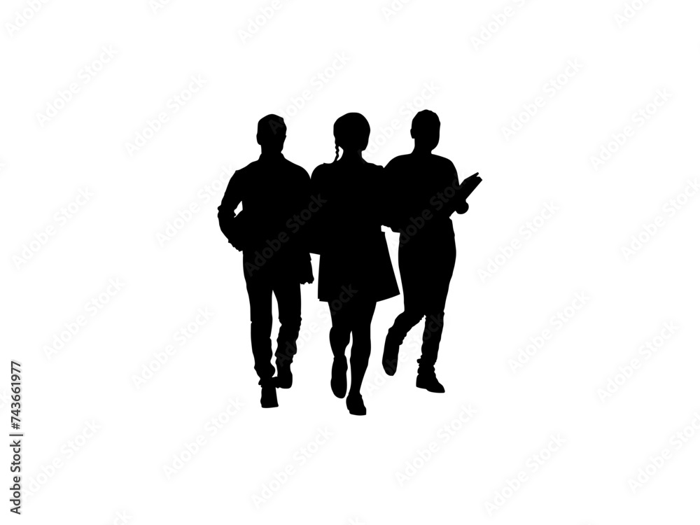 college students walking silhouettes. Business men and women, group of people at work. Business People  vector silhouette illustration. Standing Business People Vector in line against white background