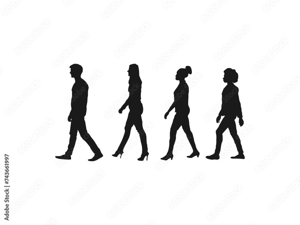 students walking silhouettes. Black silhouettes of beautiful mans and womans. Black silhouettes woman with backpack on a back. Black silhouettes of beautiful mans and womans on white background.