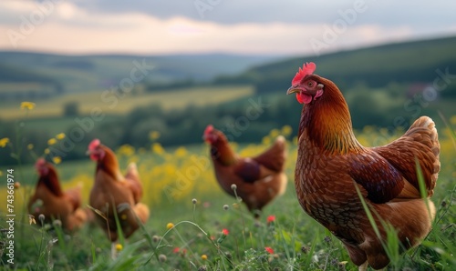 Chickens on green grass on countryside. © Filip