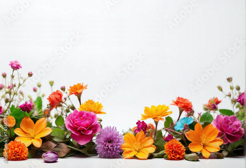 small spring vibrant flowers with leaves make the bottom framing on large copyspace white background