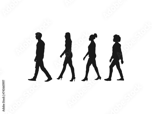 students walking silhouettes. Black silhouettes of beautiful mans and womans. Black silhouettes woman with backpack on a back. Black silhouettes of beautiful mans and womans on white background.