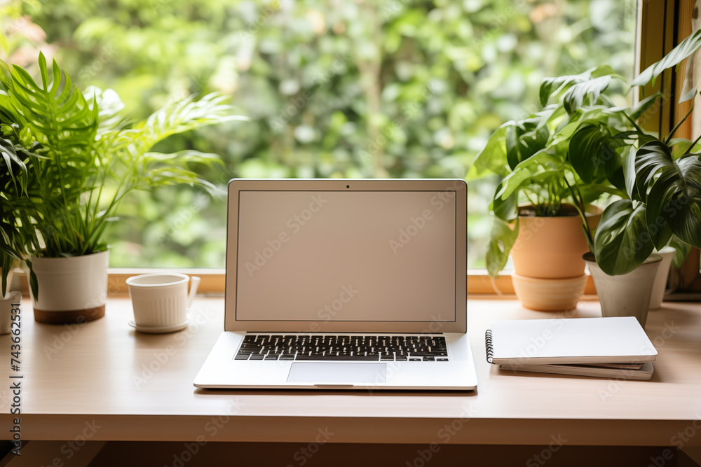 Laptop with blank screen on a desk at home. Technology, business and work from home concept Laptop with blank screen on a desk at home. Technology, business and work from home concept