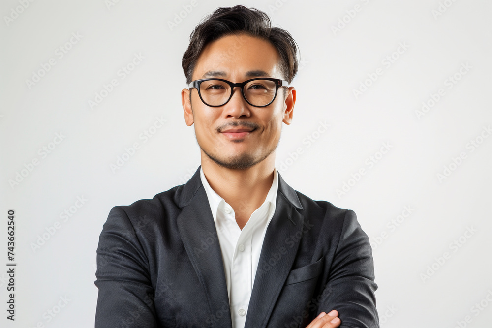 Portrait of smiling smart Asian businessman standing over white background. Studio shot, Free space Portrait of smiling smart Asian businessman standing over white background. Studio shot, Free space