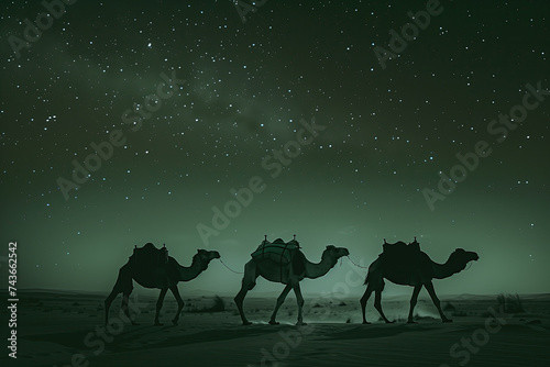 three camels walking in desert at night with starry sky