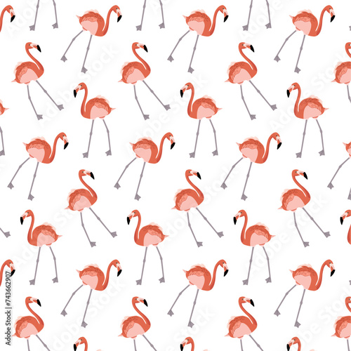 Seamless pattern with flamingo bird on white background for fabric. Summer ornament for packaging and wrapping paper. Vector cartoon illustration textile and paper gift bag. Bright pattern bed linen. 