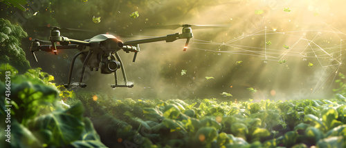 Smart farm drone flying spray Modern technologies in agriculture. industrial drone flies over green field and sprays useful pesticides to increase productivity destroys harmful insects. photo