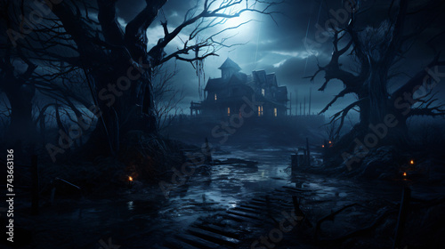 Horror Halloween haunted house in creepy night. © beast