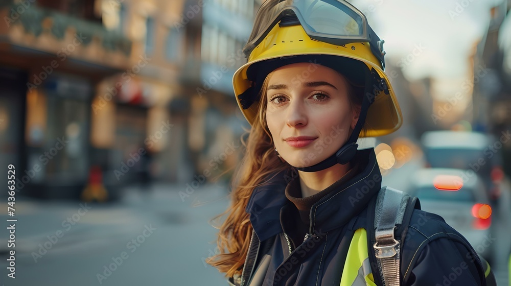 Confident female firefighter in gear on a city street. portrait of a brave professional woman. urban first responder. AI Confident female firefighter in gear on a city street. portrait of a brave professional woman. urban first responder. AI