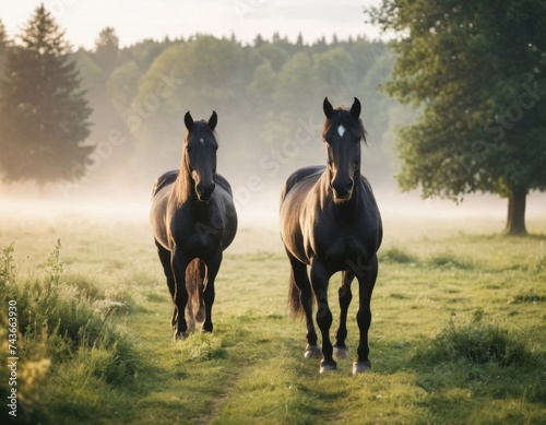 Two black horses in the sundown light at foggy morning