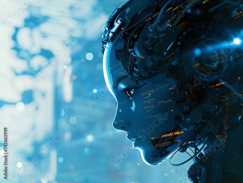 Blue digital head of a robot against a technology background a portrait of artificial intelligence
