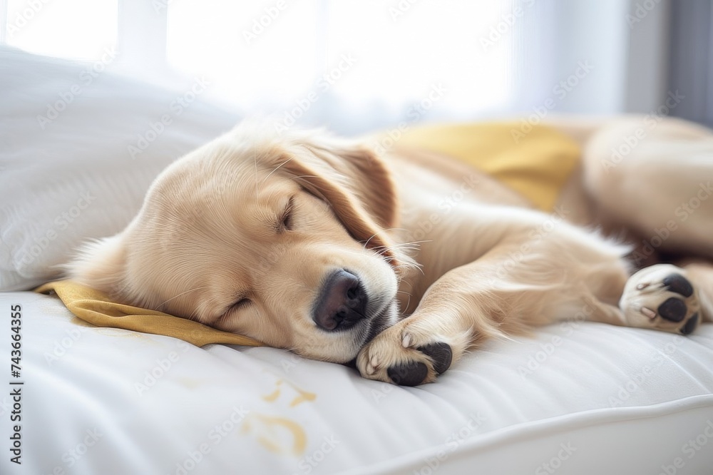 Peaceful Golden Retriever Puppy Sleeping Comfortably on a Soft White Bed, Adorable Dog Dreaming Peaceful Golden Retriever Puppy Sleeping Comfortably on a Soft White Bed, Adorable Dog Dreaming