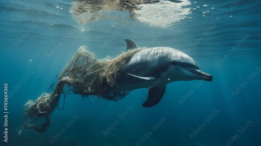 Obraz premium Dolphin Struggling to Break Free from Fishing Net in Deep Blue Ocean Water