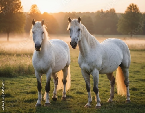 Two beautiful white horses in the foggy morning © orelphoto