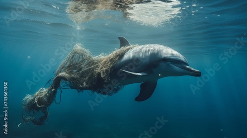 Dolphin Struggling to Break Free from Fishing Net in Deep Blue Ocean Water © Nadzeya