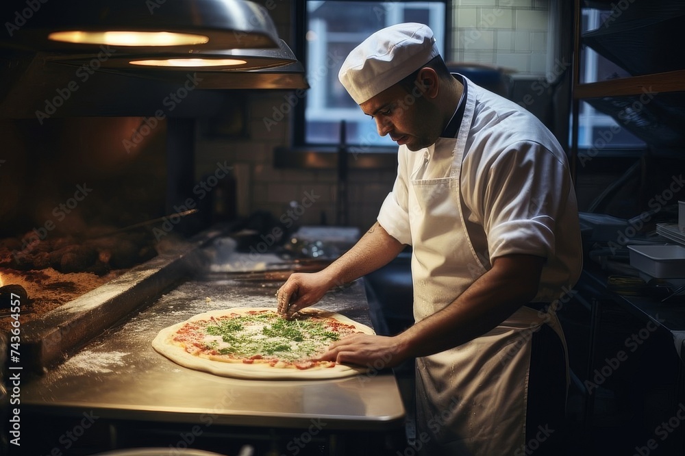 Attentive male chef in apron and toque sprinkling oregano on pizza at commercial kitchen counter