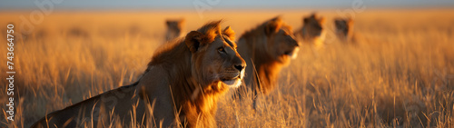 Lions standing in the savanna with setting sun shining. Group of wild animals in nature. Horizontal, banner. © linda_vostrovska