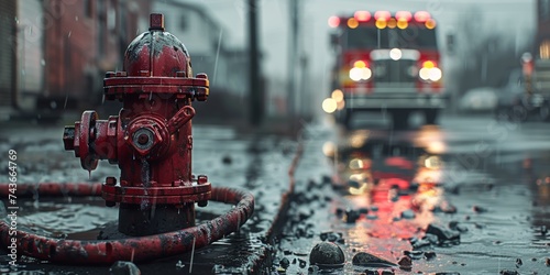 Emergency response scene with a red fire hydrant and firefighting truck in action photo
