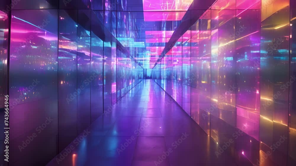 A modern art installation come to life as multicolored lights bounce off the mirrored walls and ceiling creating an immersive and otherworldly display of gl and light.