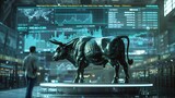 A 3D animator brings to life a bull statue against a backdrop of swirling stock market data
