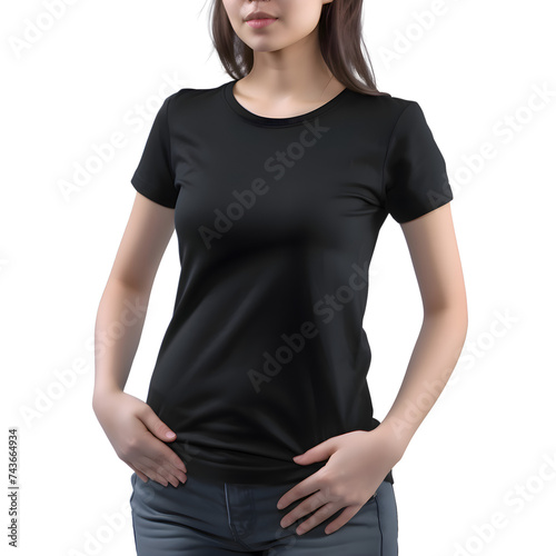 Women wearing blank black t shirt isolated on white background. clipping path