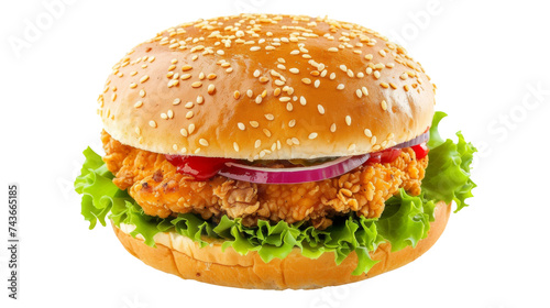 Fried chicken burger, on transparent background, PNG format