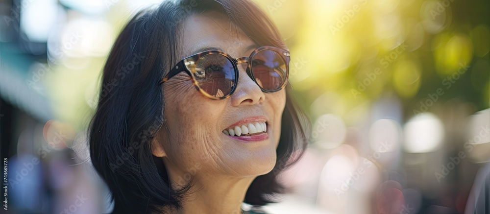 A mature Asian woman with a positive smile is wearing sunglasses and smiling as she poses for the camera during a summer city trip. The photo is captured in a profile side view. A mature Asian woman with a positive smile is wearing sunglasses and smiling as she poses for the camera during a summer city trip. The photo is captured in a profile side view.