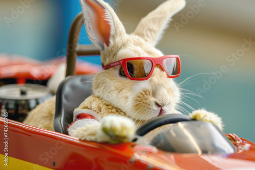 Cool easter bunny with sunglasses in car